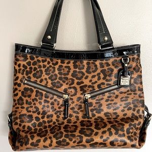 Dooney & Bourke Double Zip Leopard Animal Print Patent Leather Tote Bag